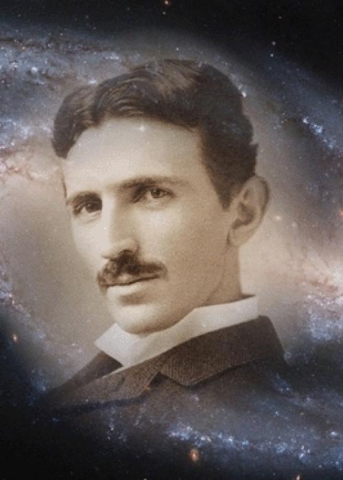 photograph of Nikola Tesla with the cosmos swirling about him