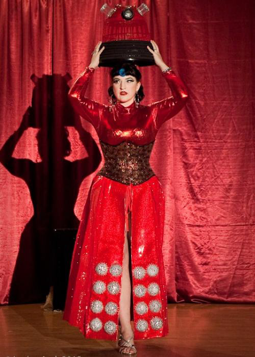 Photograh of Ruby Solitaire performing a Dr. Who burlesque routine